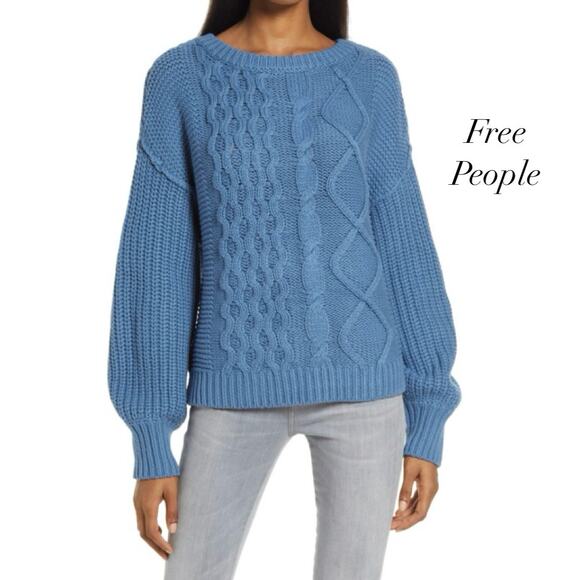 Free People Dream Cable Blue CHUNKY Crew Neck Sweater NWOT Size XS FLAW - Picture 1 of 14